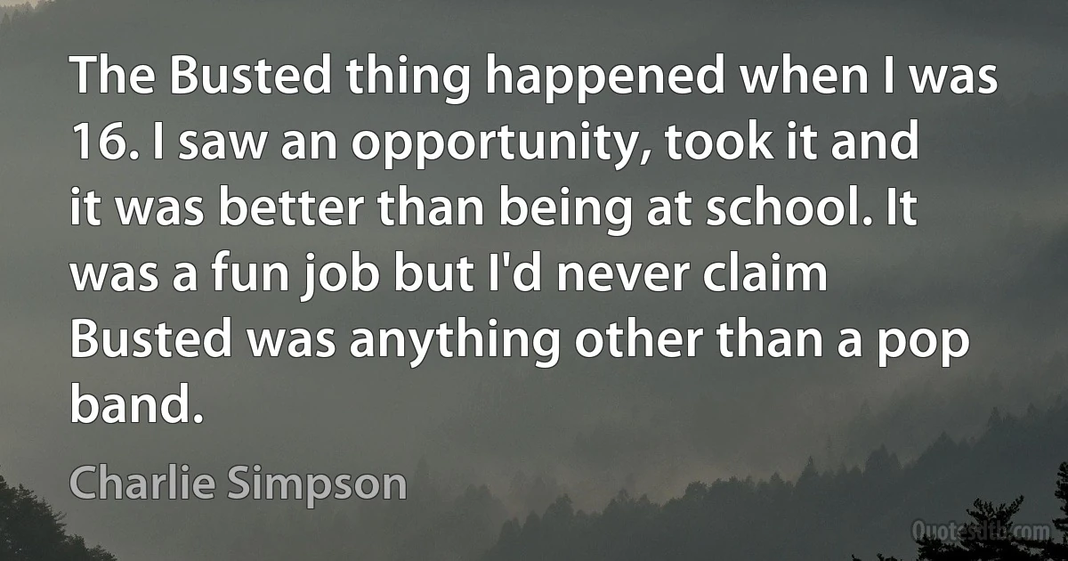 The Busted thing happened when I was 16. I saw an opportunity, took it and it was better than being at school. It was a fun job but I'd never claim Busted was anything other than a pop band. (Charlie Simpson)