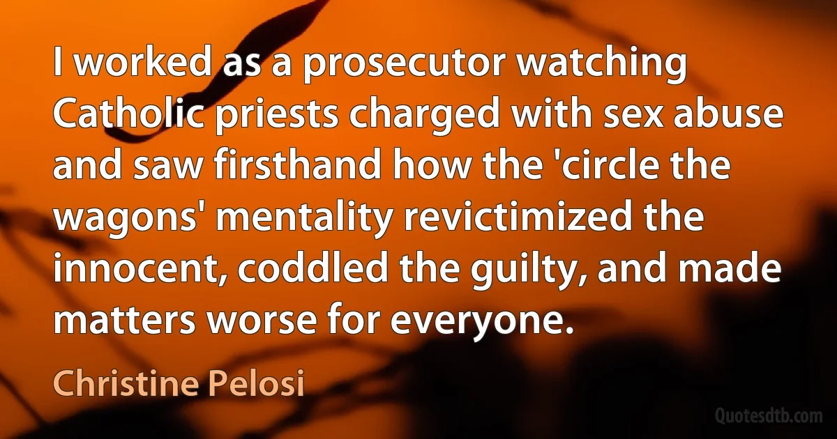 I worked as a prosecutor watching Catholic priests charged with sex abuse and saw firsthand how the 'circle the wagons' mentality revictimized the innocent, coddled the guilty, and made matters worse for everyone. (Christine Pelosi)