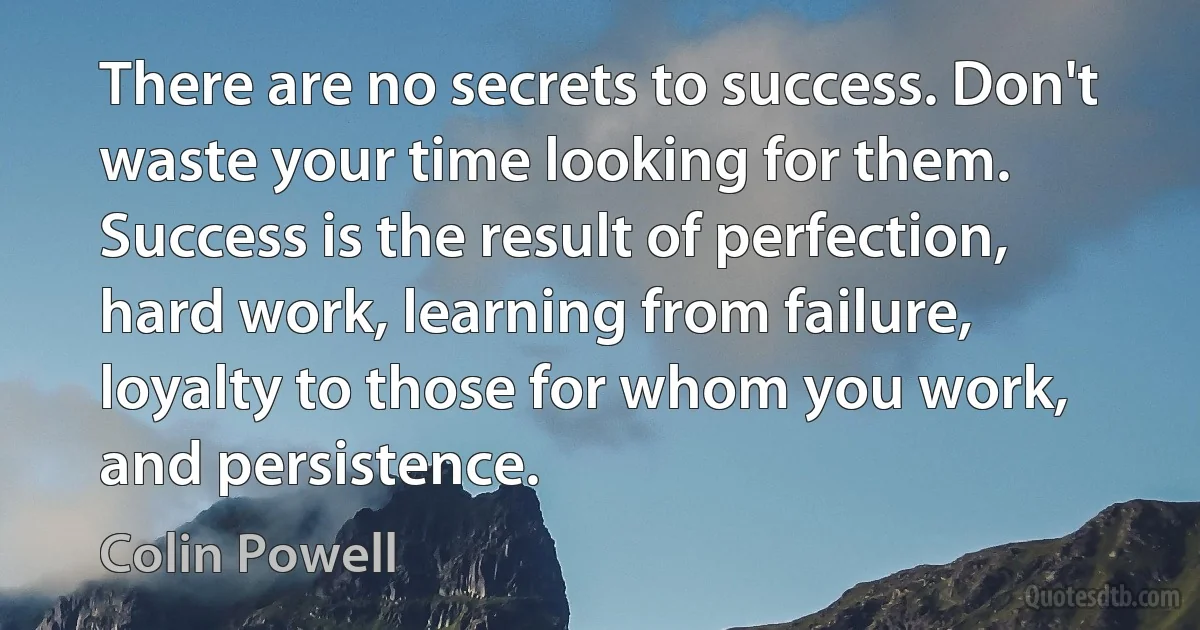 There are no secrets to success. Don't waste your time looking for them. Success is the result of perfection, hard work, learning from failure, loyalty to those for whom you work, and persistence. (Colin Powell)