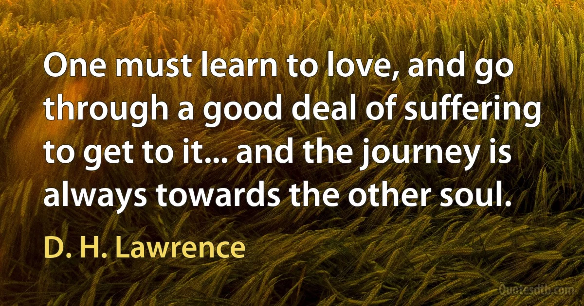 One must learn to love, and go through a good deal of suffering to get to it... and the journey is always towards the other soul. (D. H. Lawrence)