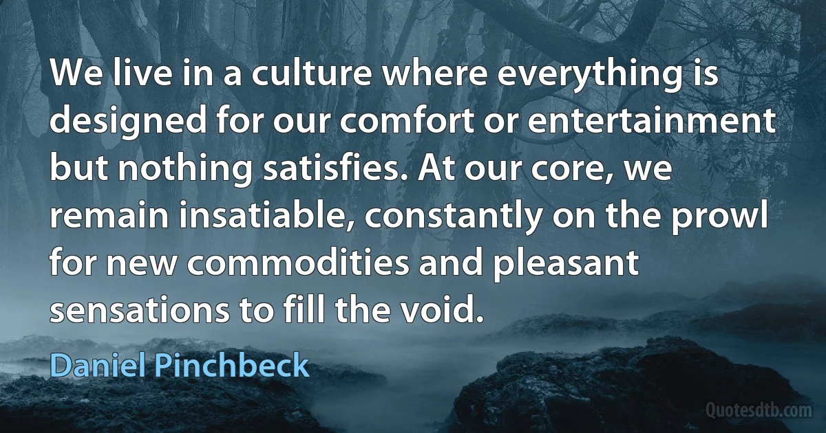 We live in a culture where everything is designed for our comfort or entertainment but nothing satisfies. At our core, we remain insatiable, constantly on the prowl for new commodities and pleasant sensations to fill the void. (Daniel Pinchbeck)