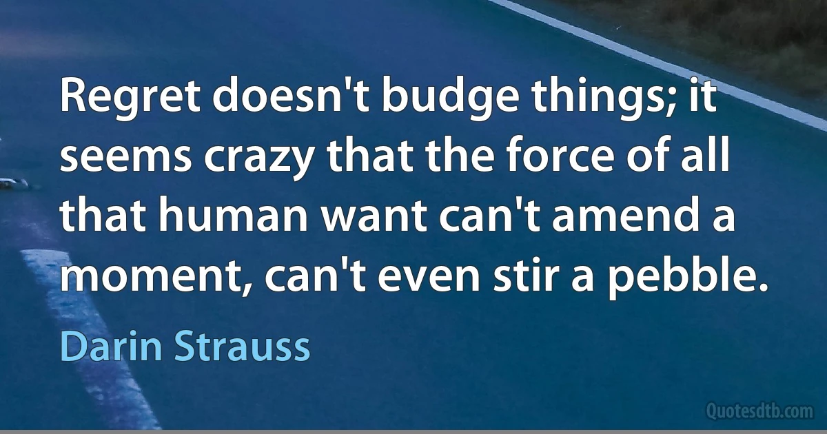 Regret doesn't budge things; it seems crazy that the force of all that human want can't amend a moment, can't even stir a pebble. (Darin Strauss)