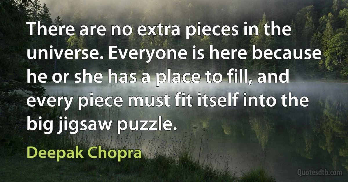 There are no extra pieces in the universe. Everyone is here because he or she has a place to fill, and every piece must fit itself into the big jigsaw puzzle. (Deepak Chopra)