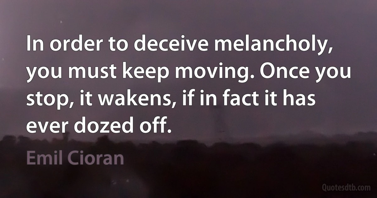 In order to deceive melancholy, you must keep moving. Once you stop, it wakens, if in fact it has ever dozed off. (Emil Cioran)