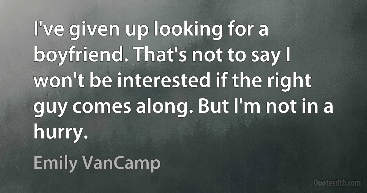 I've given up looking for a boyfriend. That's not to say I won't be interested if the right guy comes along. But I'm not in a hurry. (Emily VanCamp)