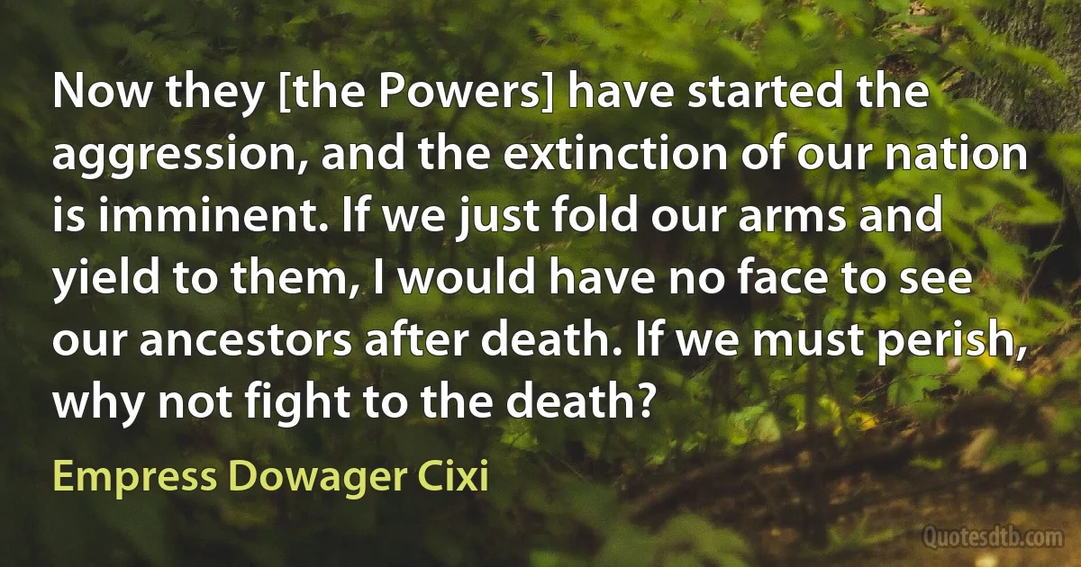 Now they [the Powers] have started the aggression, and the extinction of our nation is imminent. If we just fold our arms and yield to them, I would have no face to see our ancestors after death. If we must perish, why not fight to the death? (Empress Dowager Cixi)