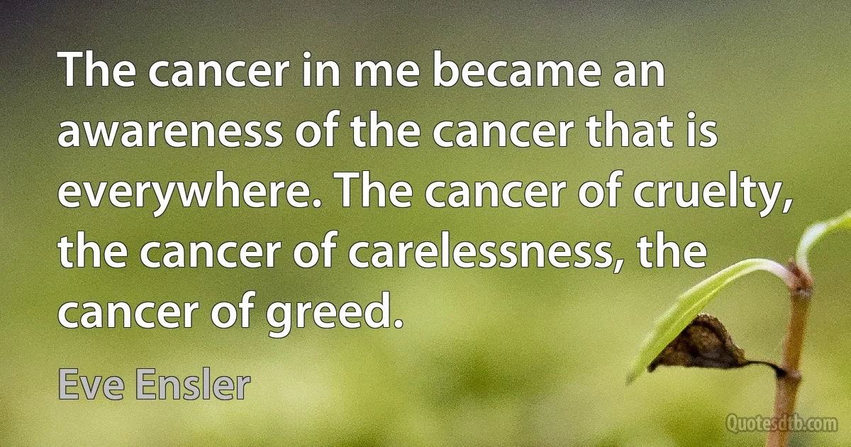 The cancer in me became an awareness of the cancer that is everywhere. The cancer of cruelty, the cancer of carelessness, the cancer of greed. (Eve Ensler)