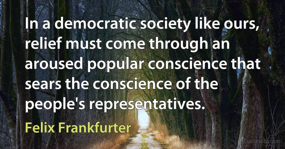 In a democratic society like ours, relief must come through an aroused popular conscience that sears the conscience of the people's representatives. (Felix Frankfurter)