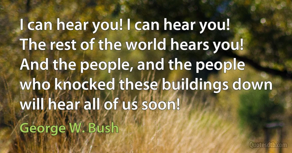 I can hear you! I can hear you! The rest of the world hears you! And the people, and the people who knocked these buildings down will hear all of us soon! (George W. Bush)