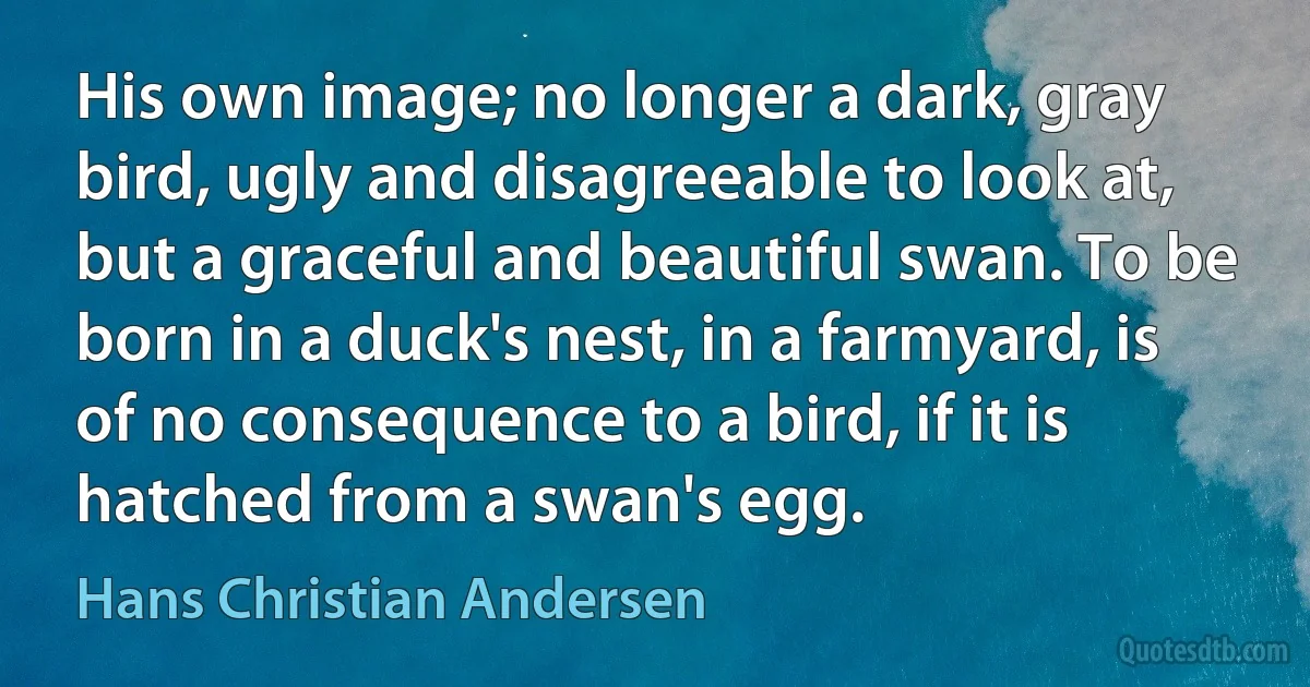 His own image; no longer a dark, gray bird, ugly and disagreeable to look at, but a graceful and beautiful swan. To be born in a duck's nest, in a farmyard, is of no consequence to a bird, if it is hatched from a swan's egg. (Hans Christian Andersen)