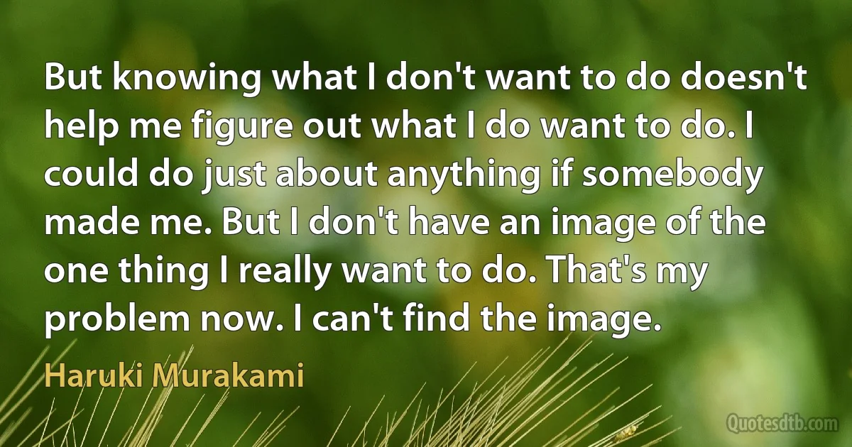 But knowing what I don't want to do doesn't help me figure out what I do want to do. I could do just about anything if somebody made me. But I don't have an image of the one thing I really want to do. That's my problem now. I can't find the image. (Haruki Murakami)