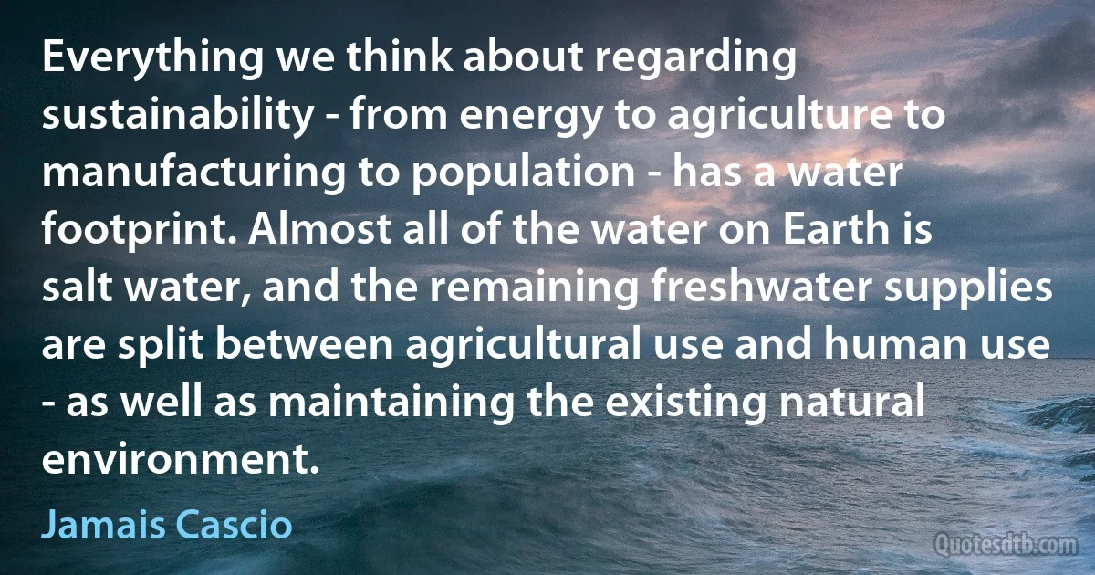 Everything we think about regarding sustainability - from energy to agriculture to manufacturing to population - has a water footprint. Almost all of the water on Earth is salt water, and the remaining freshwater supplies are split between agricultural use and human use - as well as maintaining the existing natural environment. (Jamais Cascio)