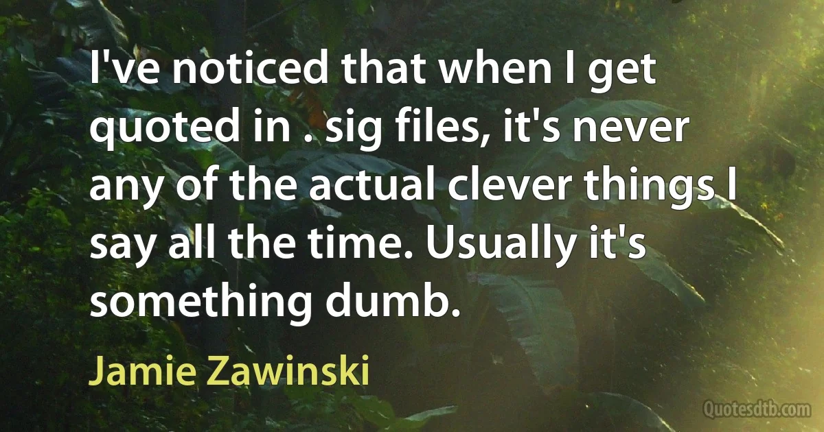 I've noticed that when I get quoted in . sig files, it's never any of the actual clever things I say all the time. Usually it's something dumb. (Jamie Zawinski)