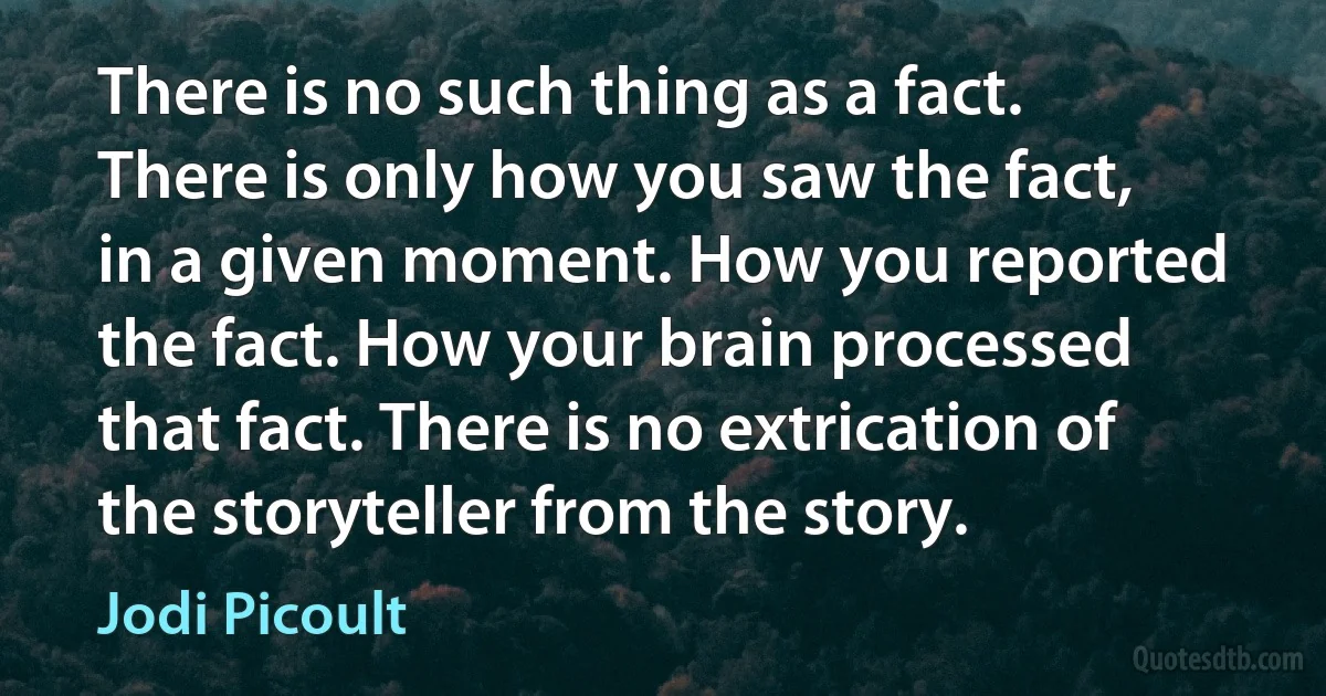 There is no such thing as a fact. There is only how you saw the fact, in a given moment. How you reported the fact. How your brain processed that fact. There is no extrication of the storyteller from the story. (Jodi Picoult)