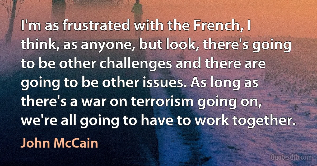 I'm as frustrated with the French, I think, as anyone, but look, there's going to be other challenges and there are going to be other issues. As long as there's a war on terrorism going on, we're all going to have to work together. (John McCain)