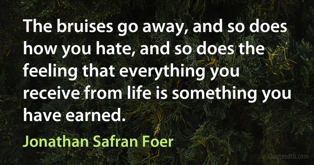 The bruises go away, and so does how you hate, and so does the feeling that everything you receive from life is something you have earned. (Jonathan Safran Foer)