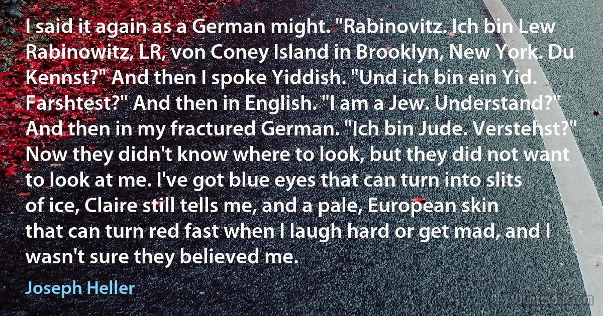 I said it again as a German might. "Rabinovitz. Ich bin Lew Rabinowitz, LR, von Coney Island in Brooklyn, New York. Du Kennst?" And then I spoke Yiddish. "Und ich bin ein Yid. Farshtest?" And then in English. "I am a Jew. Understand?" And then in my fractured German. "Ich bin Jude. Verstehst?" Now they didn't know where to look, but they did not want to look at me. I've got blue eyes that can turn into slits of ice, Claire still tells me, and a pale, European skin that can turn red fast when I laugh hard or get mad, and I wasn't sure they believed me. (Joseph Heller)