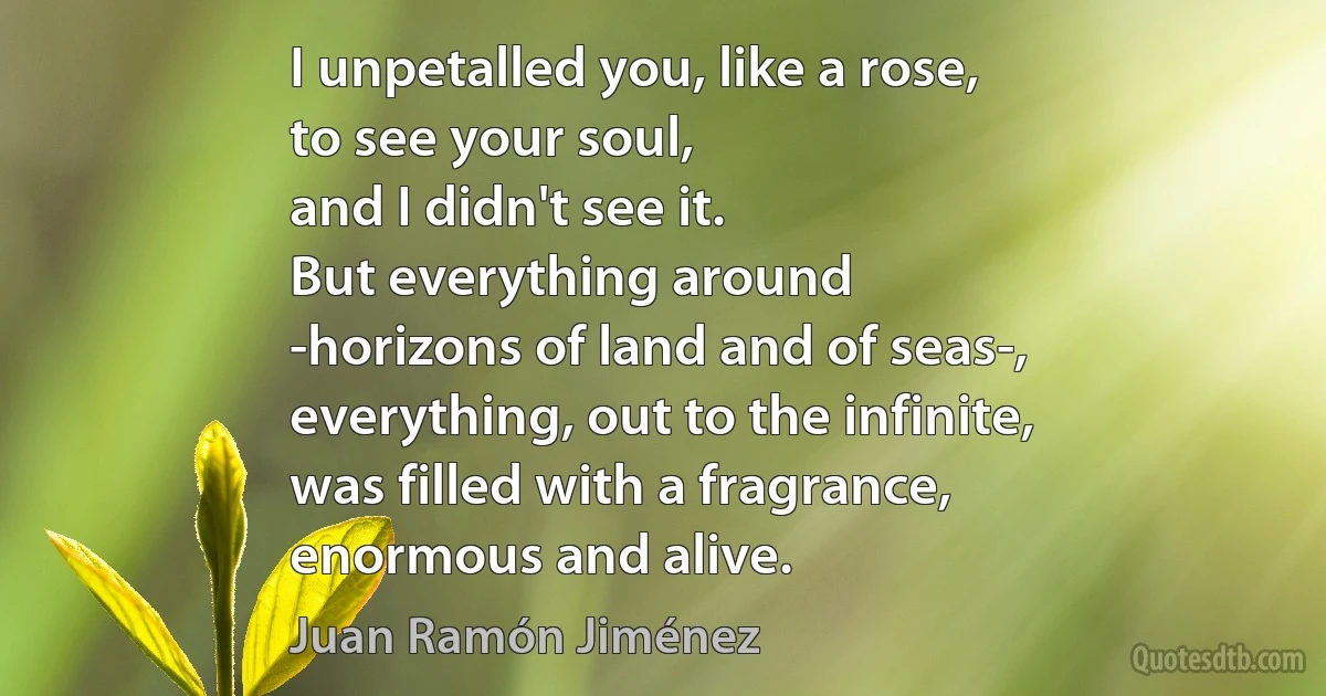 I unpetalled you, like a rose,
to see your soul,
and I didn't see it.
But everything around
-horizons of land and of seas-,
everything, out to the infinite,
was filled with a fragrance,
enormous and alive. (Juan Ramón Jiménez)