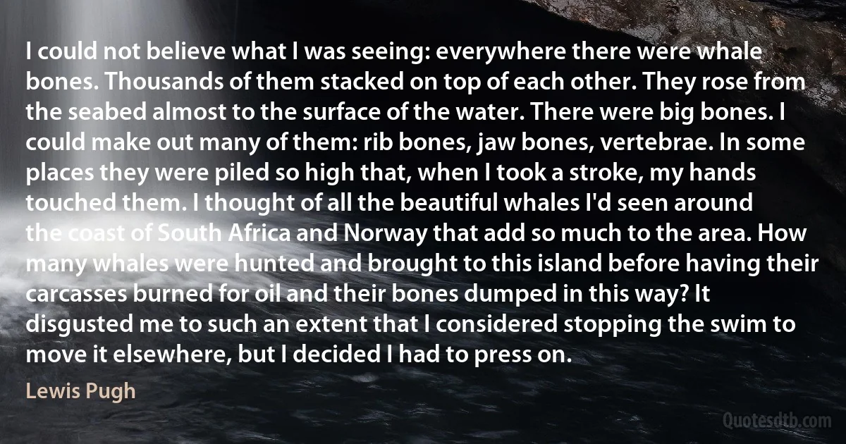 I could not believe what I was seeing: everywhere there were whale bones. Thousands of them stacked on top of each other. They rose from the seabed almost to the surface of the water. There were big bones. I could make out many of them: rib bones, jaw bones, vertebrae. In some places they were piled so high that, when I took a stroke, my hands touched them. I thought of all the beautiful whales I'd seen around the coast of South Africa and Norway that add so much to the area. How many whales were hunted and brought to this island before having their carcasses burned for oil and their bones dumped in this way? It disgusted me to such an extent that I considered stopping the swim to move it elsewhere, but I decided I had to press on. (Lewis Pugh)