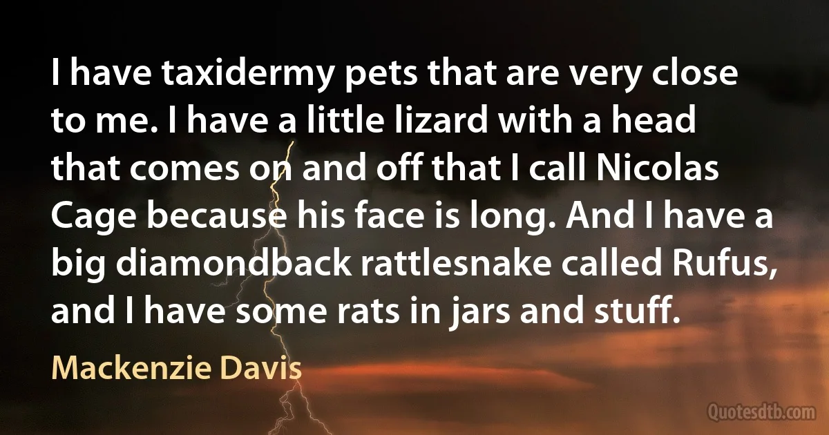 I have taxidermy pets that are very close to me. I have a little lizard with a head that comes on and off that I call Nicolas Cage because his face is long. And I have a big diamondback rattlesnake called Rufus, and I have some rats in jars and stuff. (Mackenzie Davis)