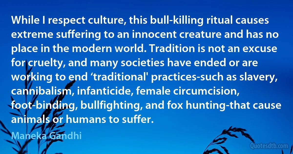 While I respect culture, this bull-killing ritual causes extreme suffering to an innocent creature and has no place in the modern world. Tradition is not an excuse for cruelty, and many societies have ended or are working to end ‘traditional' practices-such as slavery, cannibalism, infanticide, female circumcision, foot-binding, bullfighting, and fox hunting-that cause animals or humans to suffer. (Maneka Gandhi)