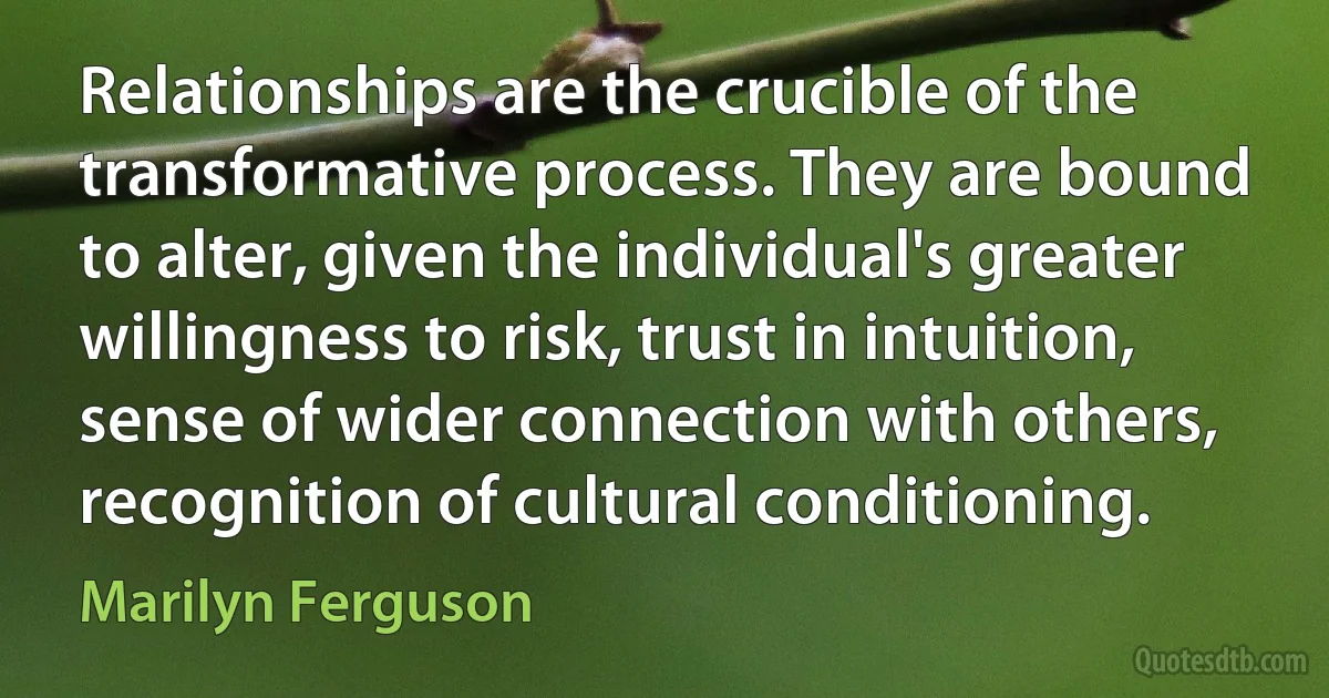 Relationships are the crucible of the transformative process. They are bound to alter, given the individual's greater willingness to risk, trust in intuition, sense of wider connection with others, recognition of cultural conditioning. (Marilyn Ferguson)