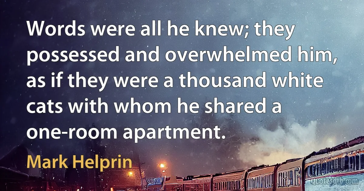 Words were all he knew; they possessed and overwhelmed him, as if they were a thousand white cats with whom he shared a one-room apartment. (Mark Helprin)