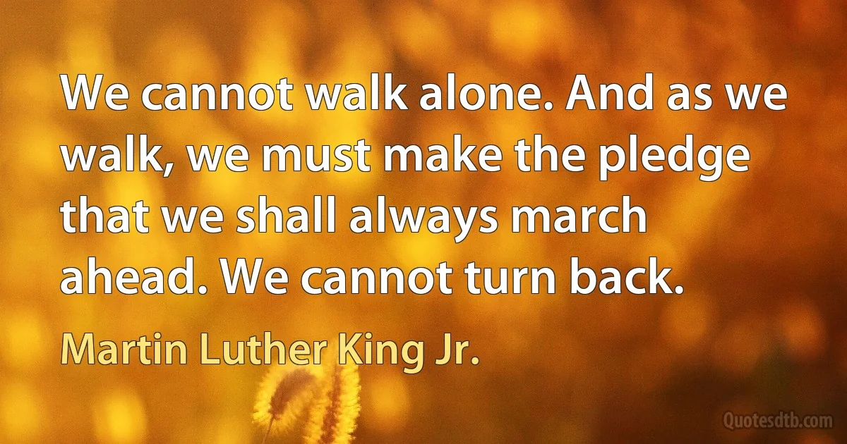 We cannot walk alone. And as we walk, we must make the pledge that we shall always march ahead. We cannot turn back. (Martin Luther King Jr.)