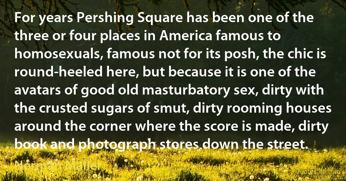 For years Pershing Square has been one of the three or four places in America famous to homosexuals, famous not for its posh, the chic is round-heeled here, but because it is one of the avatars of good old masturbatory sex, dirty with the crusted sugars of smut, dirty rooming houses around the corner where the score is made, dirty book and photograph stores down the street. (Norman Mailer)