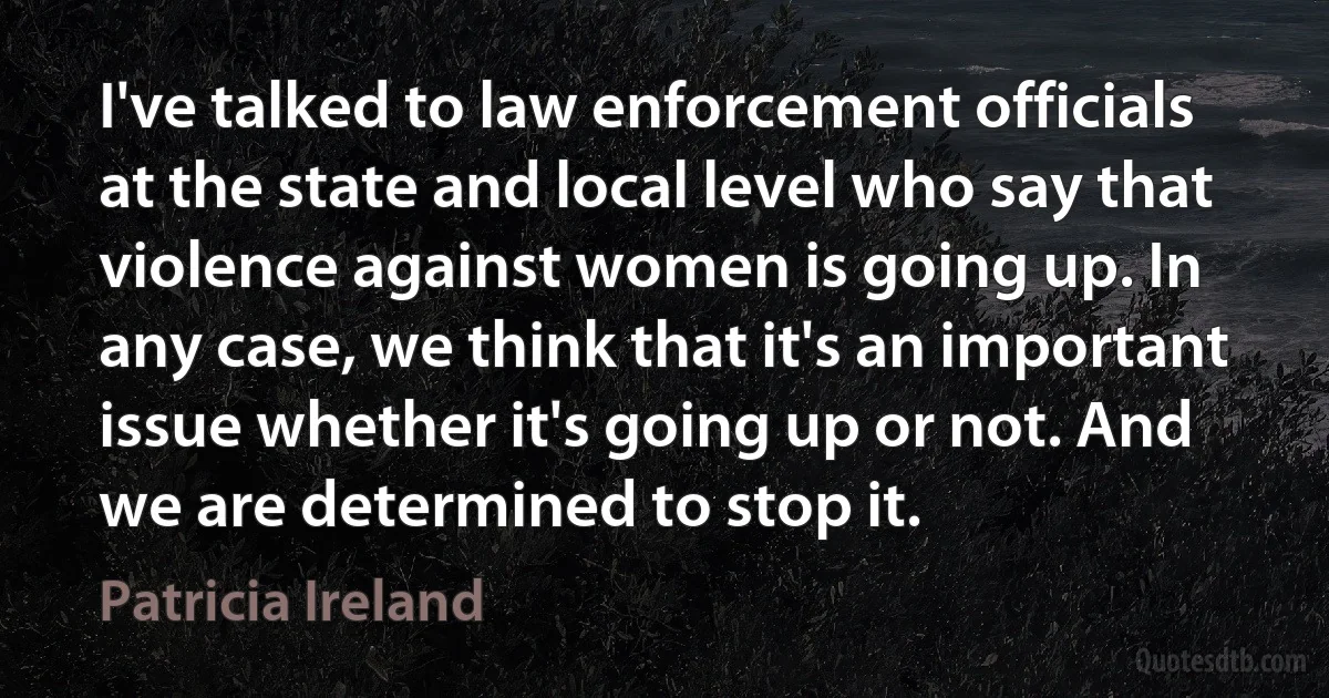 I've talked to law enforcement officials at the state and local level who say that violence against women is going up. In any case, we think that it's an important issue whether it's going up or not. And we are determined to stop it. (Patricia Ireland)