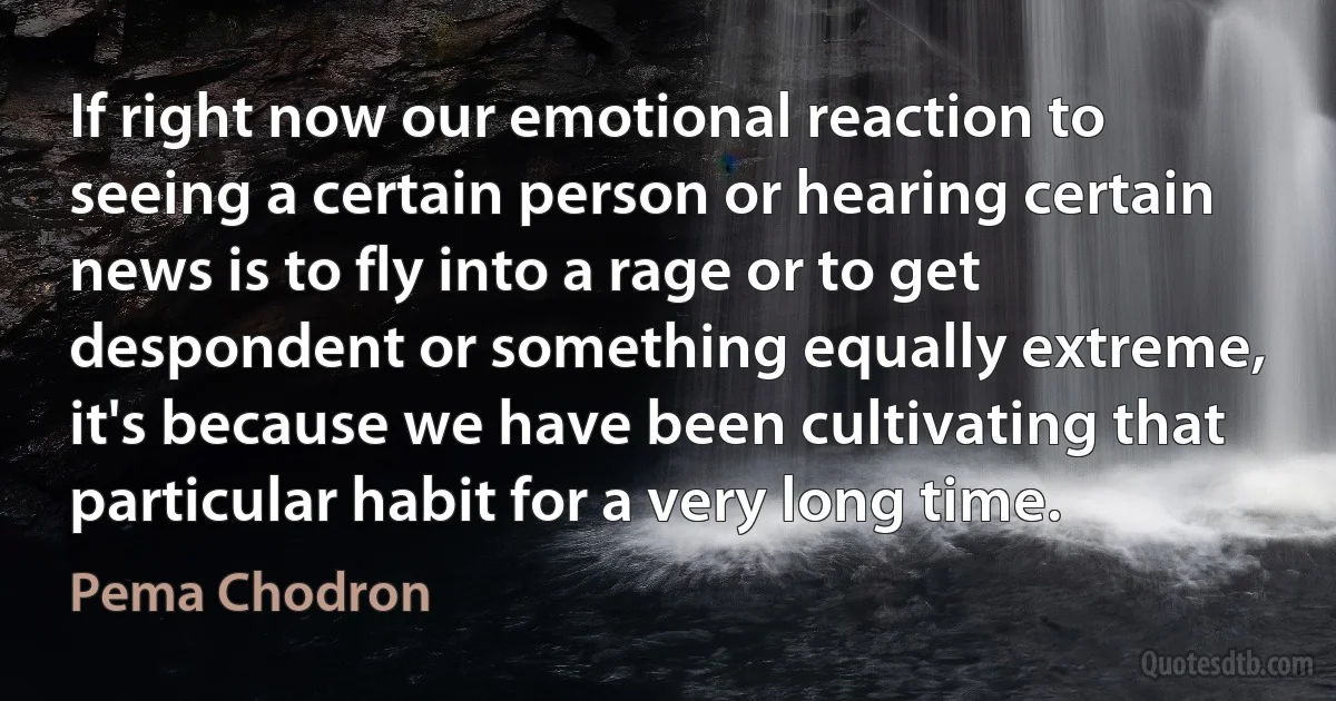 If right now our emotional reaction to seeing a certain person or hearing certain news is to fly into a rage or to get despondent or something equally extreme, it's because we have been cultivating that particular habit for a very long time. (Pema Chodron)