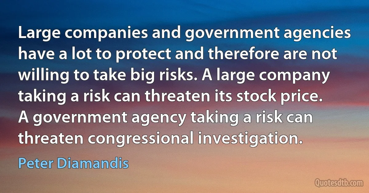 Large companies and government agencies have a lot to protect and therefore are not willing to take big risks. A large company taking a risk can threaten its stock price. A government agency taking a risk can threaten congressional investigation. (Peter Diamandis)