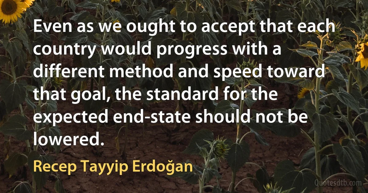 Even as we ought to accept that each country would progress with a different method and speed toward that goal, the standard for the expected end-state should not be lowered. (Recep Tayyip Erdoğan)