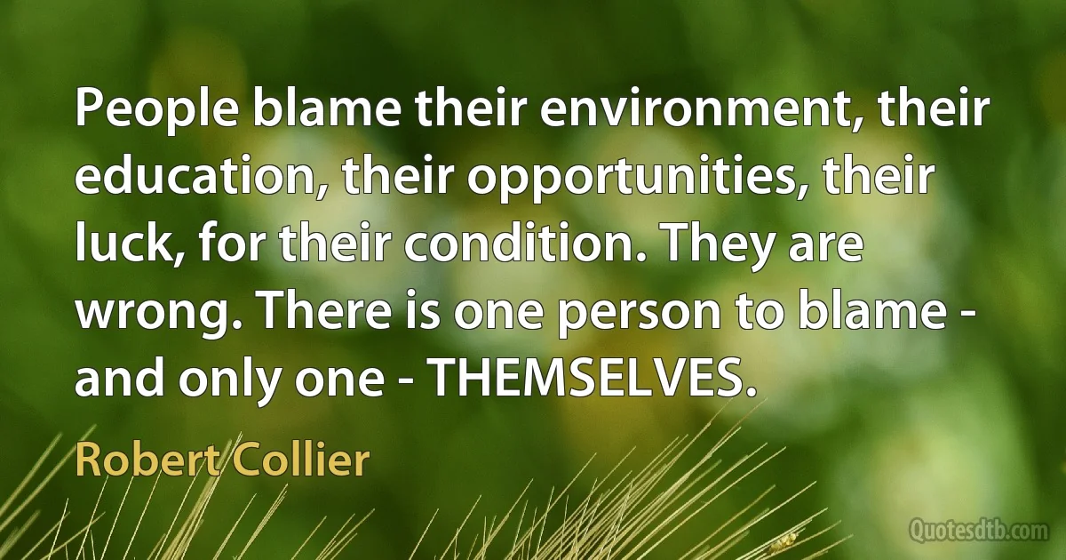 People blame their environment, their education, their opportunities, their luck, for their condition. They are wrong. There is one person to blame - and only one - THEMSELVES. (Robert Collier)