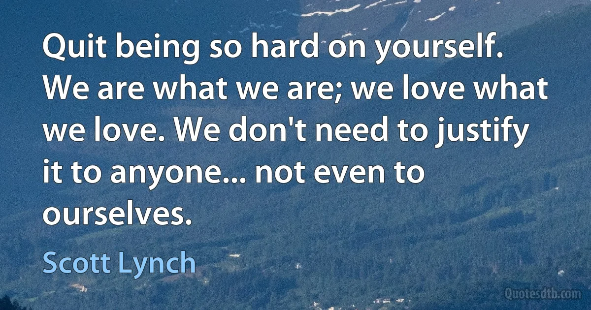 Quit being so hard on yourself. We are what we are; we love what we love. We don't need to justify it to anyone... not even to ourselves. (Scott Lynch)