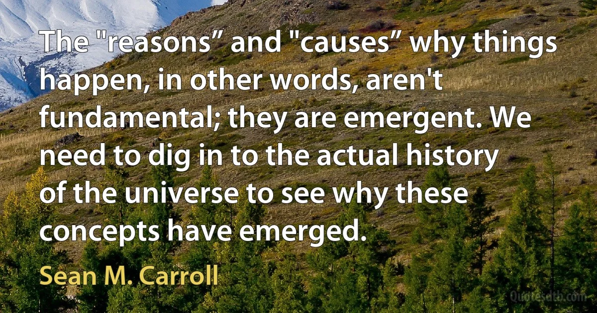 The "reasons” and "causes” why things happen, in other words, aren't fundamental; they are emergent. We need to dig in to the actual history of the universe to see why these concepts have emerged. (Sean M. Carroll)