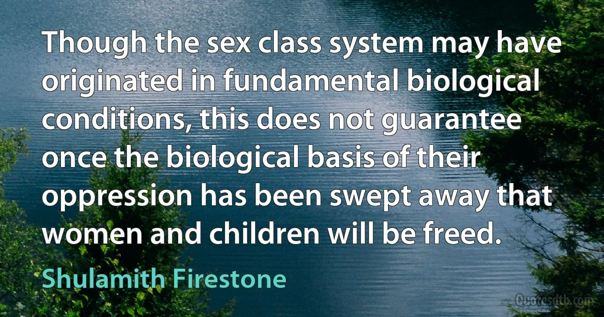 Though the sex class system may have originated in fundamental biological conditions, this does not guarantee once the biological basis of their oppression has been swept away that women and children will be freed. (Shulamith Firestone)