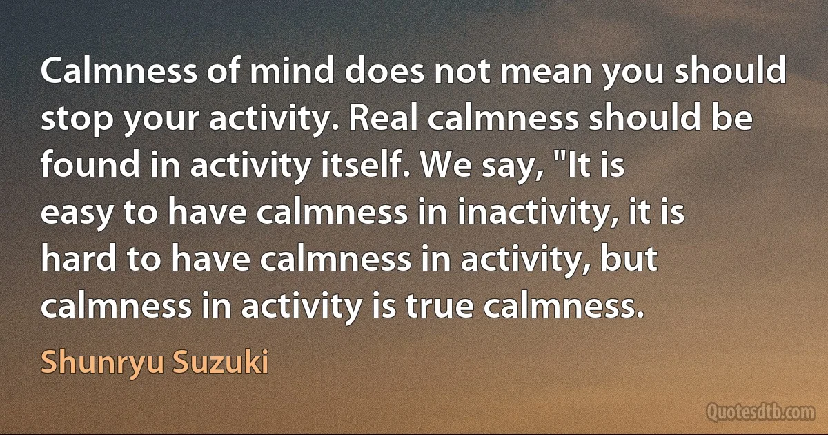 Calmness of mind does not mean you should stop your activity. Real calmness should be found in activity itself. We say, "It is easy to have calmness in inactivity, it is hard to have calmness in activity, but calmness in activity is true calmness. (Shunryu Suzuki)