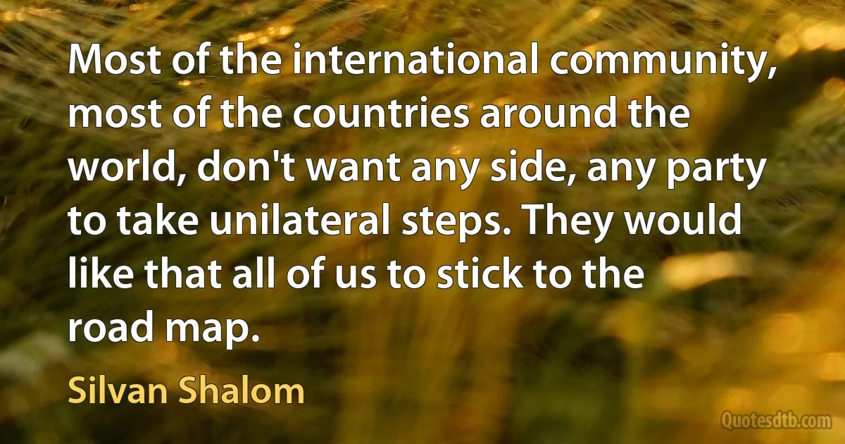 Most of the international community, most of the countries around the world, don't want any side, any party to take unilateral steps. They would like that all of us to stick to the road map. (Silvan Shalom)