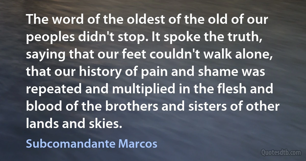 The word of the oldest of the old of our peoples didn't stop. It spoke the truth, saying that our feet couldn't walk alone, that our history of pain and shame was repeated and multiplied in the flesh and blood of the brothers and sisters of other lands and skies. (Subcomandante Marcos)