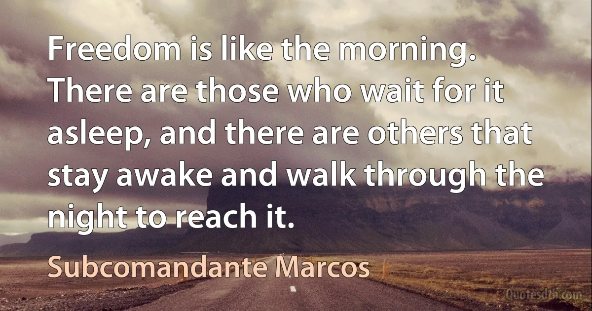 Freedom is like the morning. There are those who wait for it asleep, and there are others that stay awake and walk through the night to reach it. (Subcomandante Marcos)