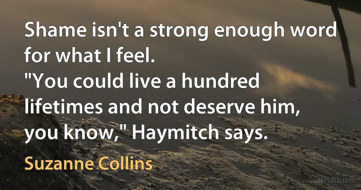 Shame isn't a strong enough word for what I feel.
"You could live a hundred lifetimes and not deserve him, you know," Haymitch says. (Suzanne Collins)