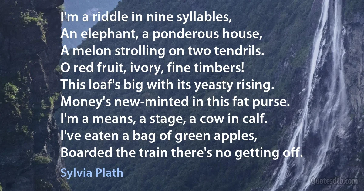 I'm a riddle in nine syllables,
An elephant, a ponderous house,
A melon strolling on two tendrils.
O red fruit, ivory, fine timbers!
This loaf's big with its yeasty rising.
Money's new-minted in this fat purse.
I'm a means, a stage, a cow in calf.
I've eaten a bag of green apples,
Boarded the train there's no getting off. (Sylvia Plath)