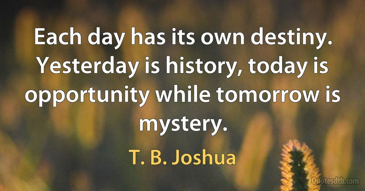 Each day has its own destiny. Yesterday is history, today is opportunity while tomorrow is mystery. (T. B. Joshua)