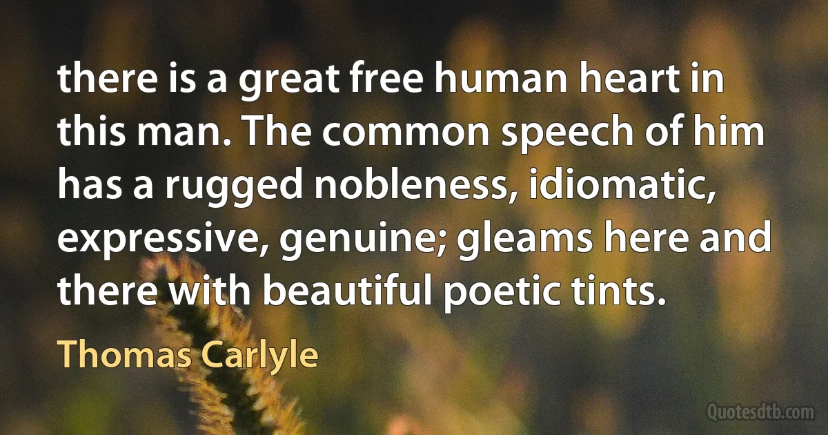 there is a great free human heart in this man. The common speech of him has a rugged nobleness, idiomatic, expressive, genuine; gleams here and there with beautiful poetic tints. (Thomas Carlyle)