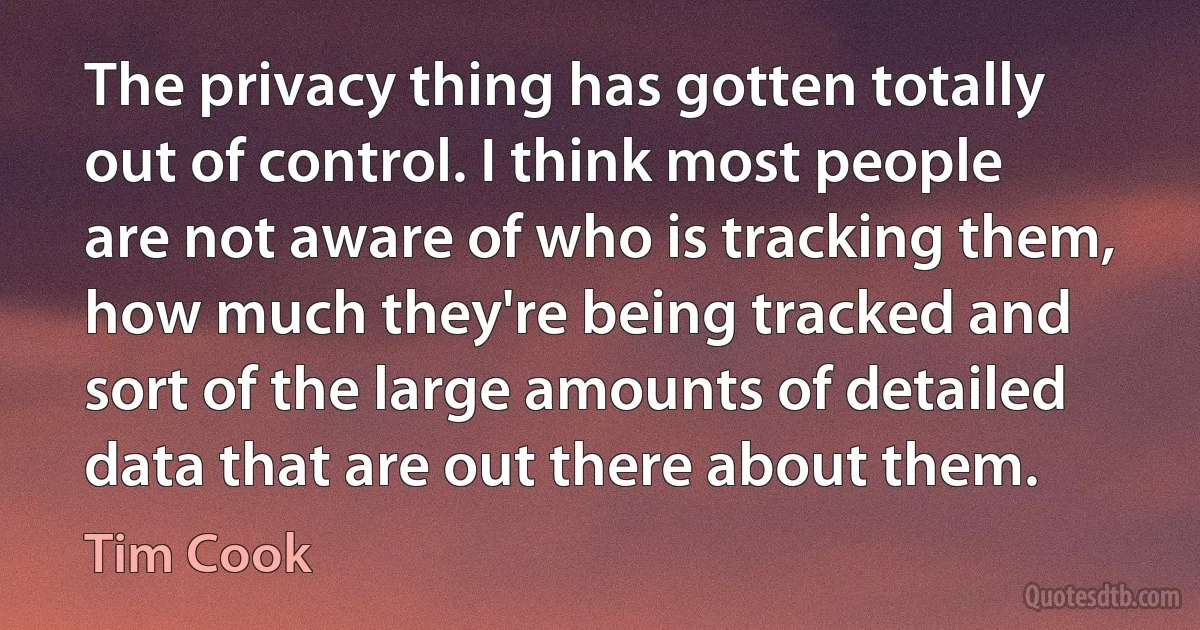 The privacy thing has gotten totally out of control. I think most people are not aware of who is tracking them, how much they're being tracked and sort of the large amounts of detailed data that are out there about them. (Tim Cook)