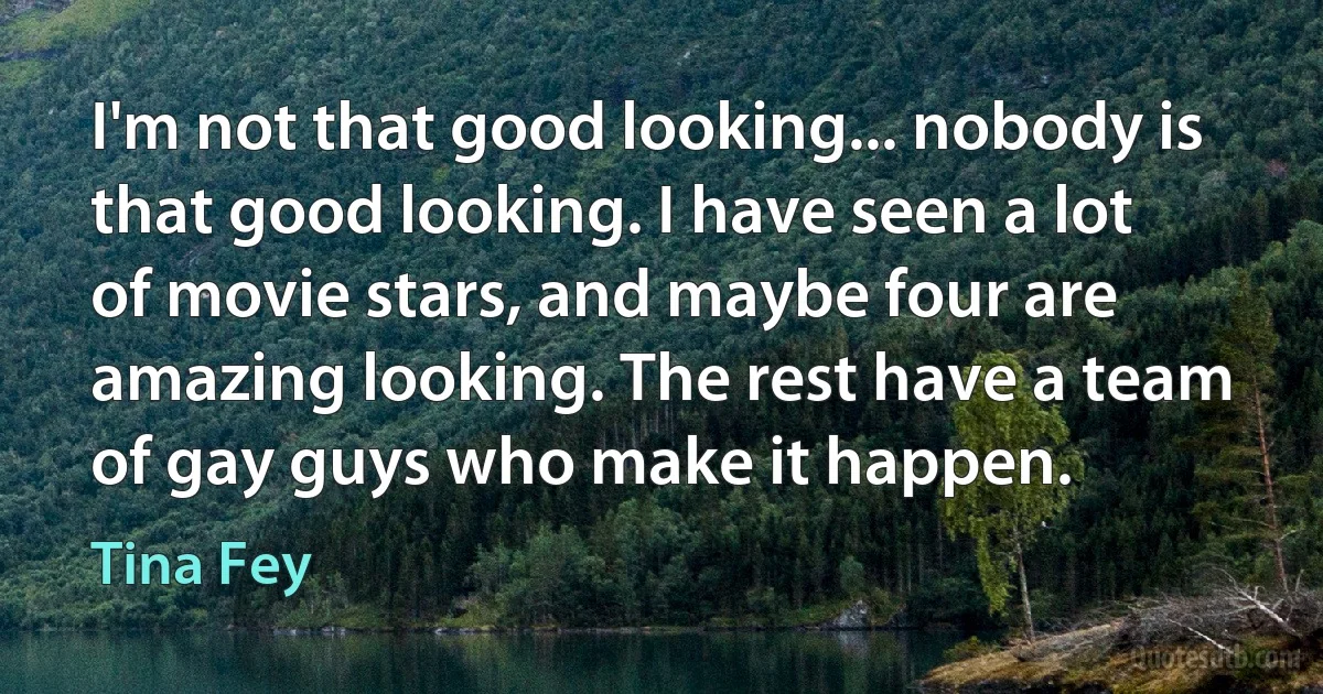 I'm not that good looking... nobody is that good looking. I have seen a lot of movie stars, and maybe four are amazing looking. The rest have a team of gay guys who make it happen. (Tina Fey)