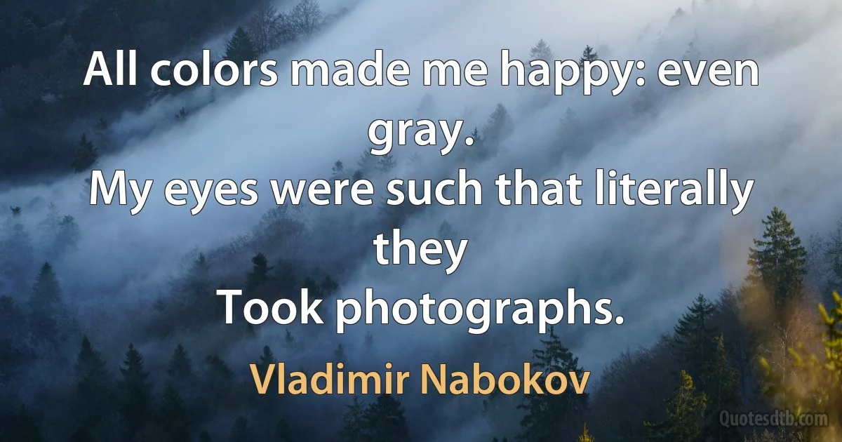 All colors made me happy: even gray.
My eyes were such that literally they
Took photographs. (Vladimir Nabokov)