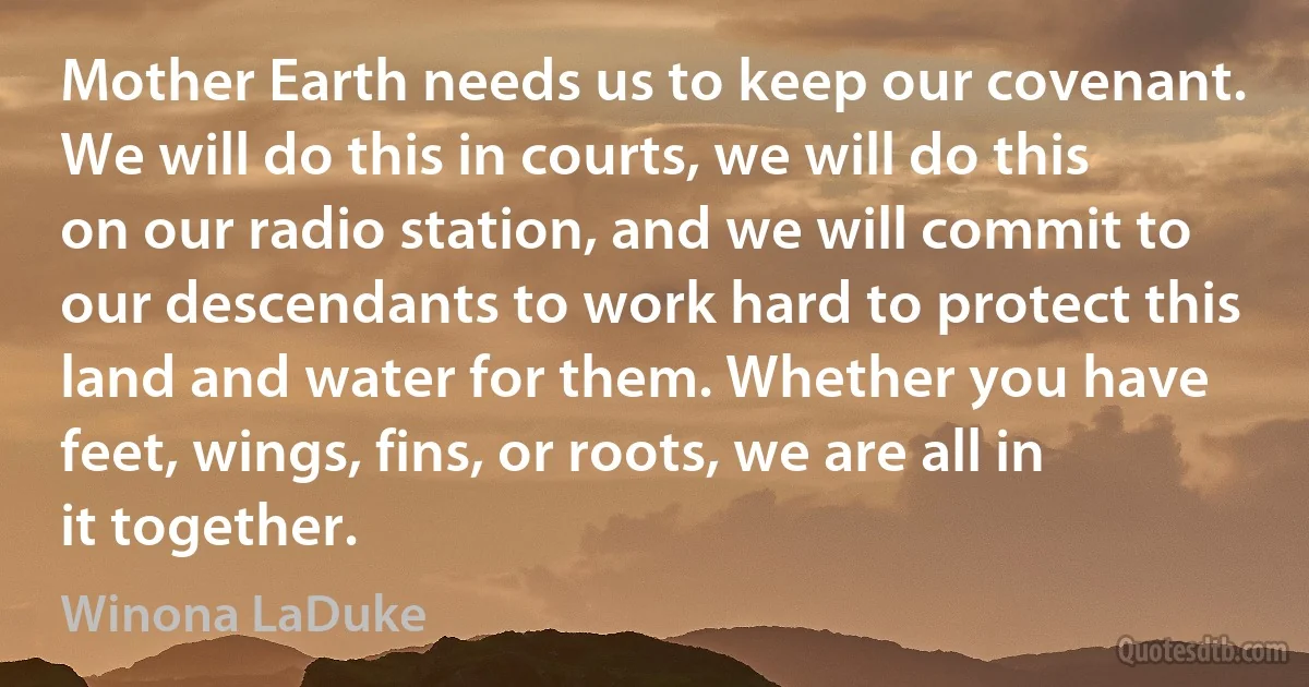 Mother Earth needs us to keep our covenant. We will do this in courts, we will do this on our radio station, and we will commit to our descendants to work hard to protect this land and water for them. Whether you have feet, wings, fins, or roots, we are all in it together. (Winona LaDuke)