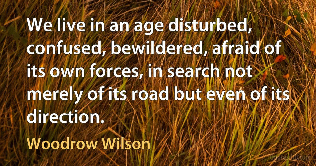 We live in an age disturbed, confused, bewildered, afraid of its own forces, in search not merely of its road but even of its direction. (Woodrow Wilson)